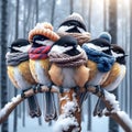 Chickadees On A Branch In Winter Wearing Toques And Scarves AI Generated Royalty Free Stock Photo