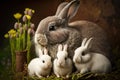 Cute Easter Bunny with Babies, Generative AI