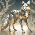 A cute fox wearing armor of metal, with intricate details, against an ethereal, glowing forest