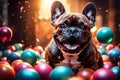 AI generated image of a cute French bulldog, Frenchie playing surrounded with colorful balls