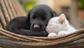 Black puppy and white kitten curled up sleeping together Royalty Free Stock Photo