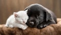 Black puppy and white kitten curled up sleeping together Royalty Free Stock Photo