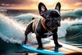 AI generated image of a cute small dog, French bulldog, Frenchie, posing and playing, surfing on waves Royalty Free Stock Photo