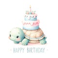 Adorable Turtle with Birthday Cake Watercolor Illustration. AI-generated Royalty Free Stock Photo