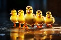 Cute yellow ducklings in a group run on the puddle. Happy Easter concept