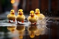 Cute yellow ducklings in a group run on the puddle. Happy Easter concept