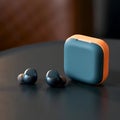 AI Generated Image of Dark Teal Wireless Earbuds and a Matching Charging Case Royalty Free Stock Photo