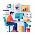 AI Generated image of a data analyst at a computer desk, analyzing customer survey results with spreadsheets and generating visual Royalty Free Stock Photo