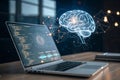 Holographic brain interface over laptop â artificial intelligence concept Royalty Free Stock Photo