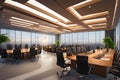 AI generated image depicting an office interior in warm colors with large panoramic windows