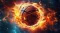 Basketball ball in fire flames. 3D illustration. sport background. Generative ai