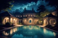 Image depicts a beautiful pool at night, nestled by the side of a sleek