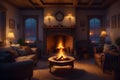 AI-generated image depicts a cozy living room where a crackling fire emanates warmth