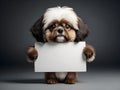 Cute shih tzu puppy holding blank sign on grey background