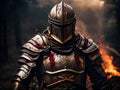 Knight in armor on the background of a forest fire. Medieval concept