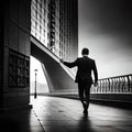 Black and white man in suit walking along bridge Royalty Free Stock Photo