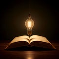 AI Generated: Open Book on Wooden Surface with Lit Lightbulb Above Royalty Free Stock Photo