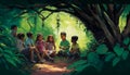 Sheltered Roots: Children Find Solace Under the Green Canopy, Made with Generative AI