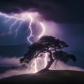 AI-generated image depicts a powerful and dramatic scene of lightning striking a tree Royalty Free Stock Photo