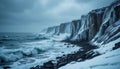 Dramatic Winter Seascape: Ocean Waves Crashing Against Snow-Covered Cliffs Royalty Free Stock Photo