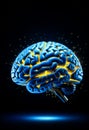 a brain with a light shining from it. The brain is glowing blue with yellow light in it and has a dark background
