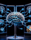a brain with a light shining from it. The brain is connected to the others and is glowing blue and has a dark background