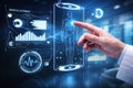 AI generated image of doctor interacting with holographic human body and medical data interface showing digital twin analytics Royalty Free Stock Photo