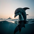 AI generated image of a dolphin emerging out of sea waters with a yacht in the backdrop Royalty Free Stock Photo