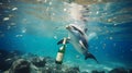 Dolphin swims in the sea polluted by bottles and garbage