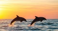 Ai generated image of dolphins jumping out of water at sunset Royalty Free Stock Photo