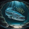 AI generated predatory barracuda fish hunting a school of smaller fish in an underwater cave. Royalty Free Stock Photo