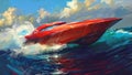 Vibrant speedboat racing through turbulent ocean waves. dynamic artwork of nautical adventure. perfect for posters and Royalty Free Stock Photo