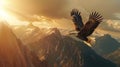 Eagle flying in the mountains at sunset. Royalty Free Stock Photo