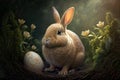 Cute Easter Bunny in a Nest with Colorful Decorated Egg and Flowers, Generative AI