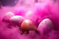 Easter eggs in abstract magenta and pink fluffy paste smoke Royalty Free Stock Photo