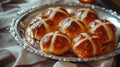 Easter. Good Friday. Hot cross buns on a silver plate