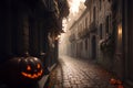 Eerie Halloween night: lit decorations, pumpkins, and spooky streetscape