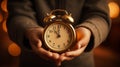 Innocence of Time: Small Hands of a Girl Holding an Analog Alarm Clock