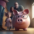 AI generated image of family keeps their savings in a piggy bank, financial literacy