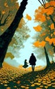 AI generated image of a father and a daughter walking on a forest of ginkgo biloba trees Royalty Free Stock Photo