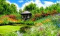 AI generated image of a feature wild garden with hut and pond and lots of flowers Royalty Free Stock Photo