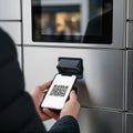 AI Generated Person Scanning QR Code with Smartphone at Smart Parcel Locker Royalty Free Stock Photo