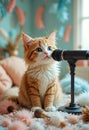 Cute ASMR Cat Whispering Into Microphone In Cozy Pastel Room With Soft Relaxing Atmosphere Royalty Free Stock Photo