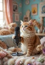 Cute Cat With Microphone In Home Studio Concept For Podcast And Audio Content Royalty Free Stock Photo