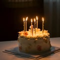 AI Generated Birthday Cake with Lit Candles and Pink Decorations Royalty Free Stock Photo