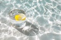 Glass of lemon water with sunlight reflections and copy space, AI-generated Royalty Free Stock Photo