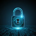 AI-Generated Image: Glowing Blue Padlock with Keyhole Over Binary Code Floor