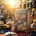 AI-Generated Light-Brown Suitcase with Stickers, Passport, Hats, Sunglasses, and a Book Royalty Free Stock Photo