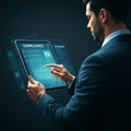 AI-Generated Image: Man in Suit Interacting with Digital Tablet Displaying \