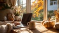 AI Generated Autumn Remote Work Desk Setup with Laptop and Coffee Cup Royalty Free Stock Photo